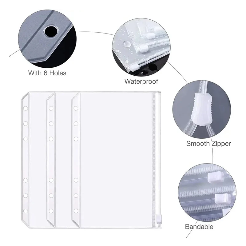 8PCS PVC Binder Pocket Envelopes with Zipper A5 A6 A7 Sizes Document Organizer Loose Leaf Inserts for Money And Budgeting Filing