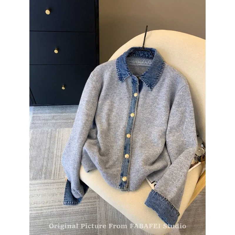 

Denim Patchwork Sweater Cardigan Autumn and Winter Korean Style Top Knitted Jacket