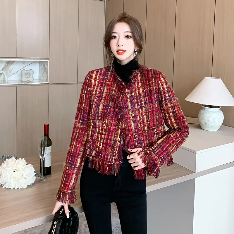 Women Autumn New Round Neck Fleece Edge Oblique Buckle Woven Wool Duvet Fragrant Coat Tweed Jackets