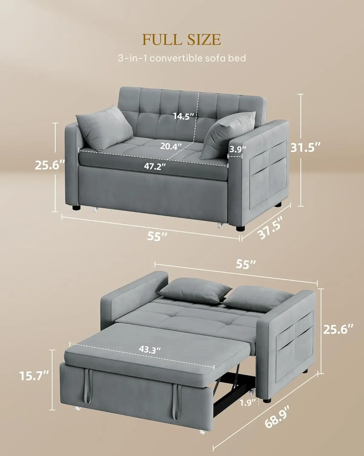 Canapé-lit convertible en velours avec dossier inclinable et côté, canapé futon 3 en 1, 55 po