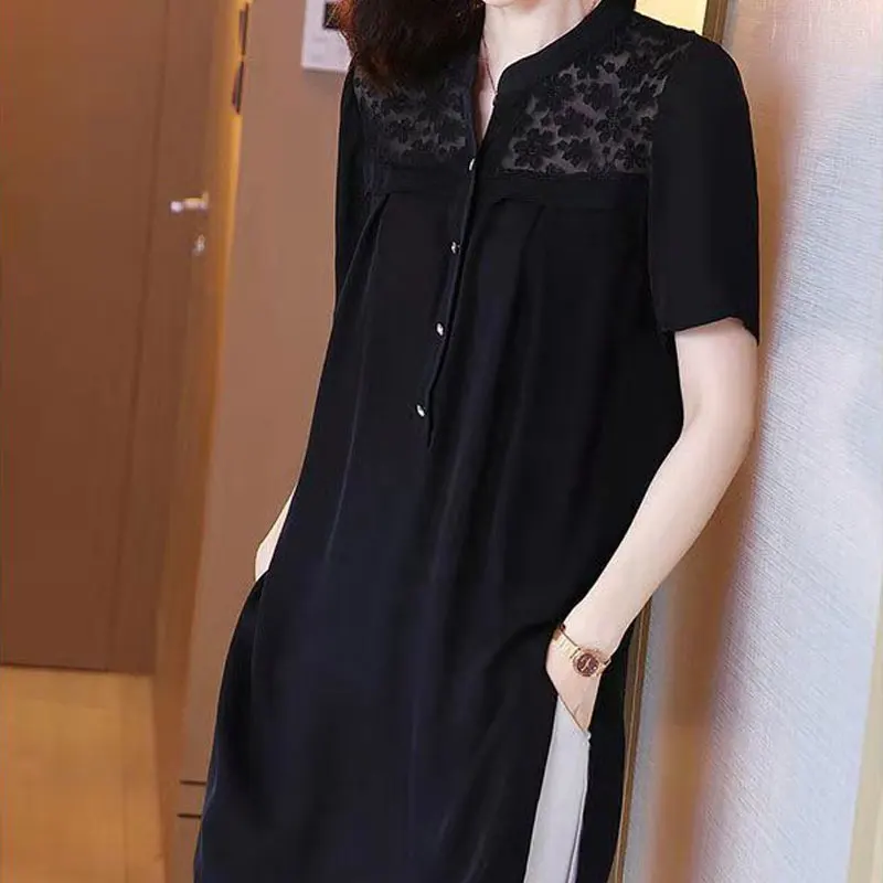 Female Casual Solid Color Blouse 2023 Summer Fashion Lace Spliced Commute Half Open Collar Button Loose Short Sleeve Midi Shirt