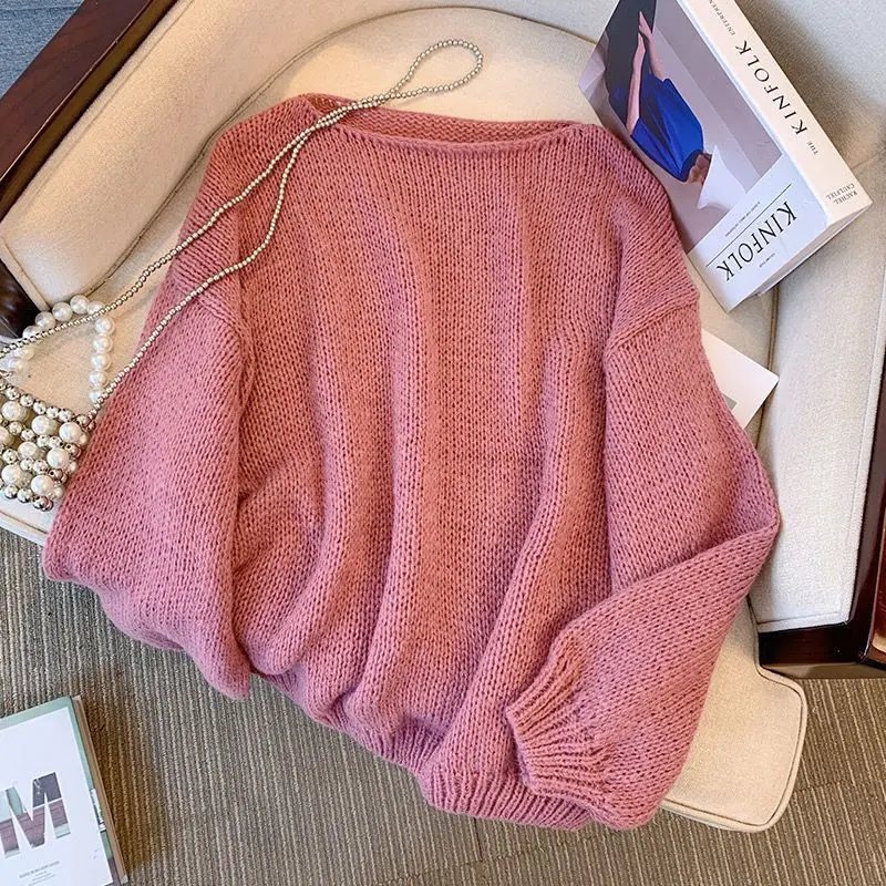 Autumn and Winter Korean Edition Simple Casual Long Sleeved Knitted Shirt Slouchy Loose Pullover Solid Sweater