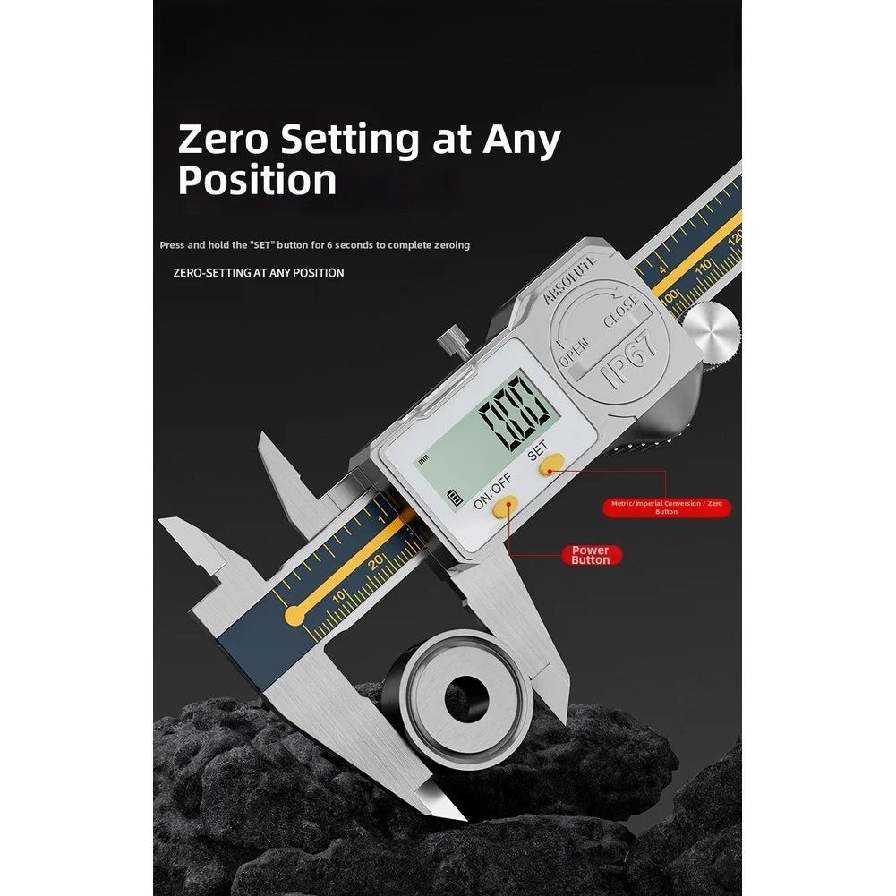 IP67 Waterproof Digital Caliper Stainless Steel Build 0.01mm Large Display for Mechanical Fabrication and Maintenance