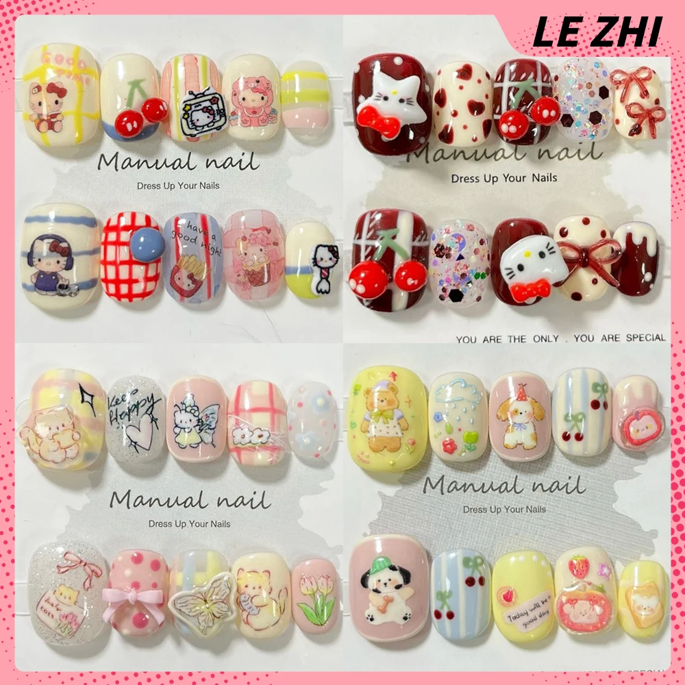 

Cute Cartoon Animal Short Square Round Press On Nails Kawaii Hello Kittys Dog Cat Bowknot Detachable Pure Handmade Fake Nail