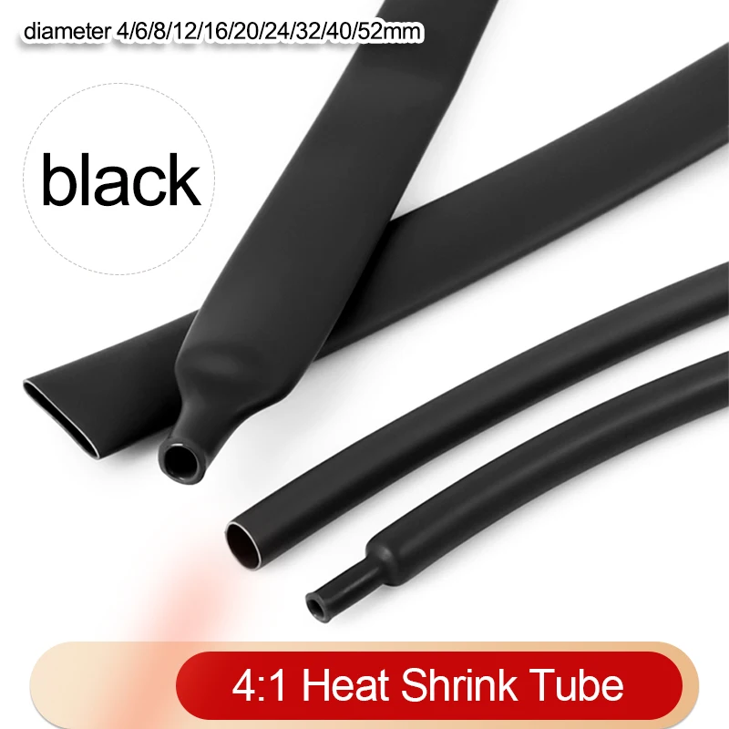 1~10m 4:1 Heat Shrink Tube Black 4mm - 52mm Waterproof Dual Wall Adhesive Lined Polyolefin Cable Insulation Sleeve Wire Repair