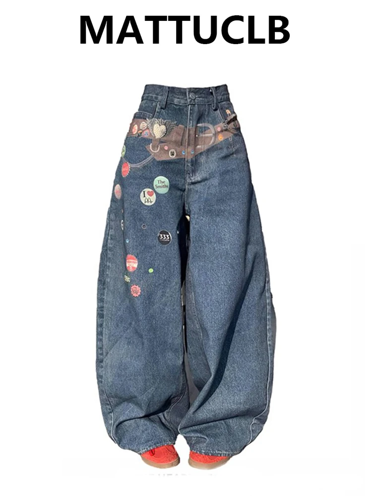 Celana Jeans Denim Wanita Musim Gugur Musim Dingin 2025 Boyfriend Y2K Cetak Jepang Baggy Jeans Grunge Harajuku Cowboy 2000s Wide Fit Baru
