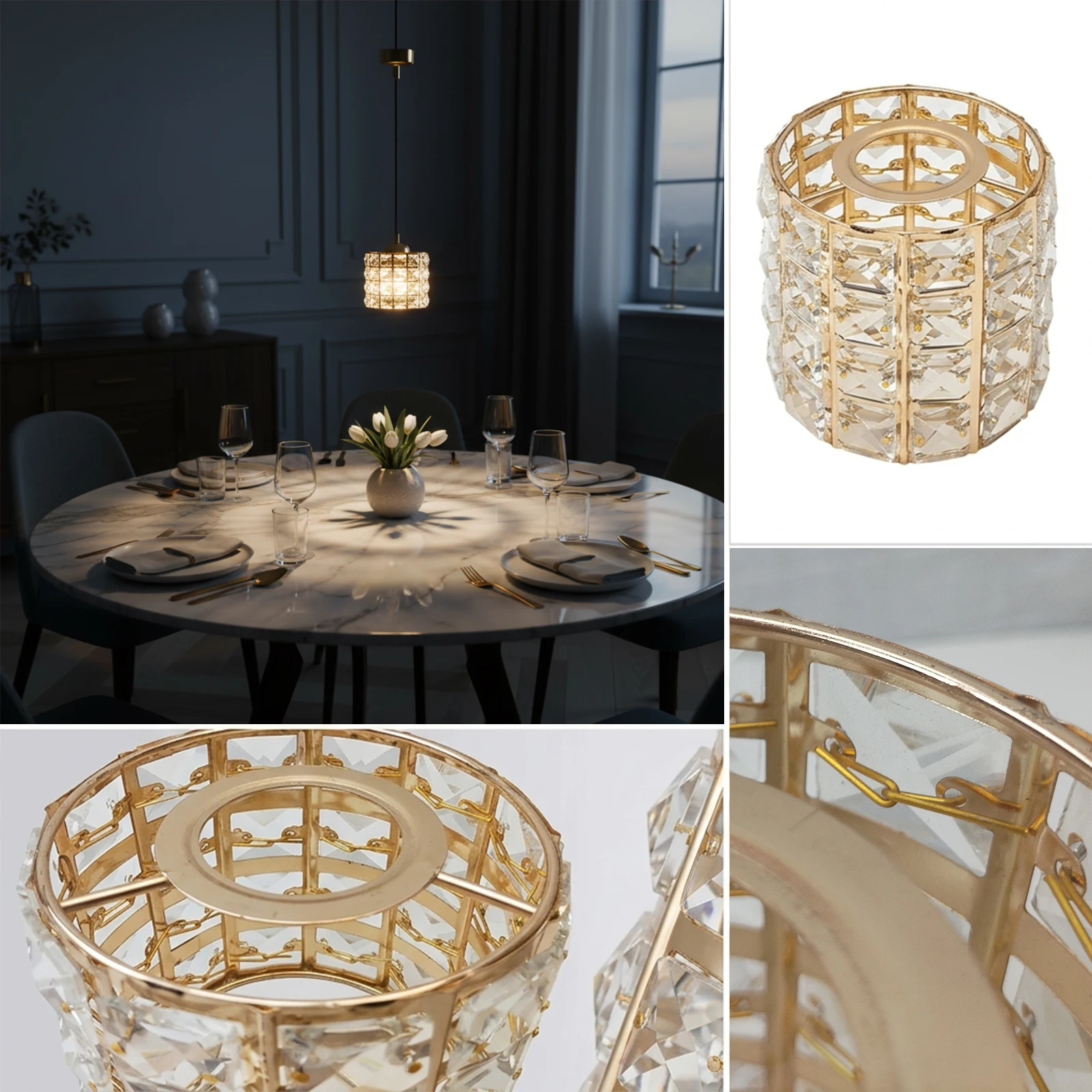 Lamp Shade Replacement, Cylinder Drum Gold Crystal Bar for Pendant Dining Room