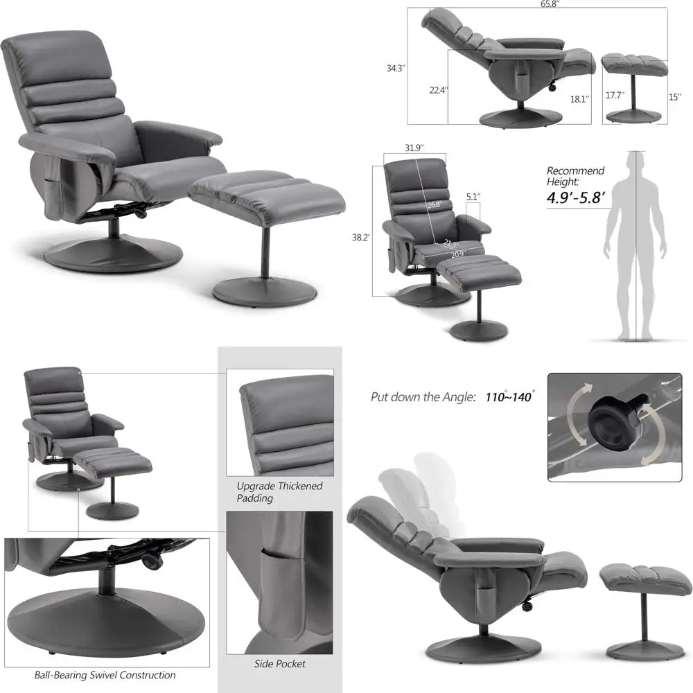 Grey Faux Leather Reclining Chair with Ottoman and Massage, 360-Degree Swivel Living Room Chair, Model 7902