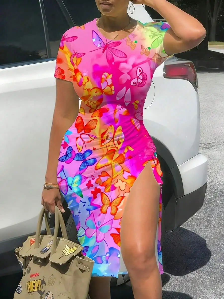 

3D Print Butterfly Rainbow Floral Slim Fit Mid-Length Dress With Slit