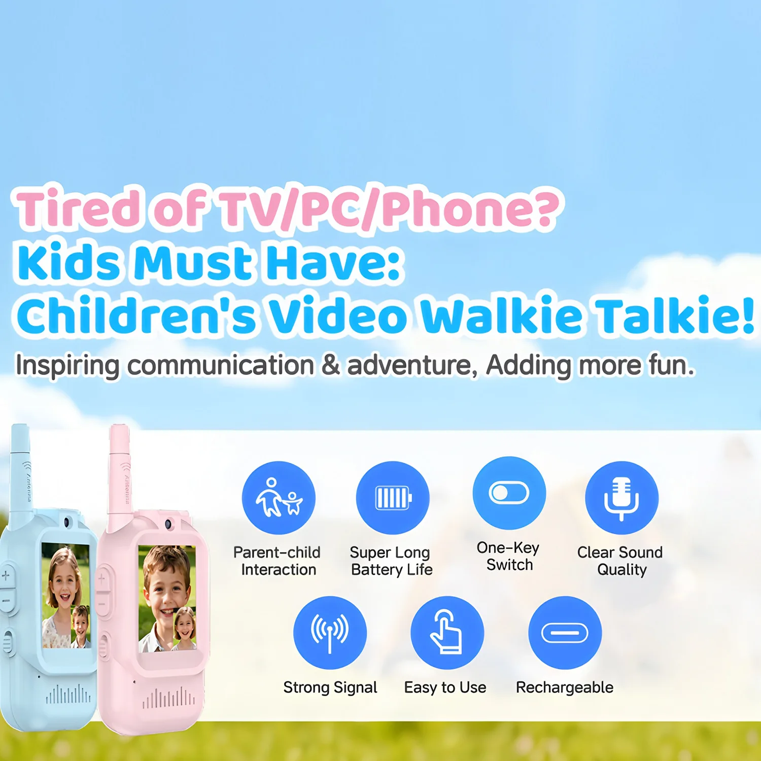 2 Pack Kids Video Walkie Talkies Rechargeable Intercom with 2-Inch Screen One-Click Call Child Portable Device