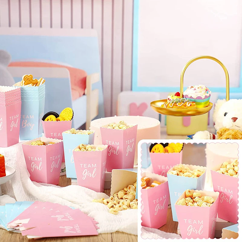 10Pcs Gender Reveal Party Popcorn Box Team Boy Team Girl Decorations Baby Gender Reveal Supplies Candy Gift Box Baby Shower