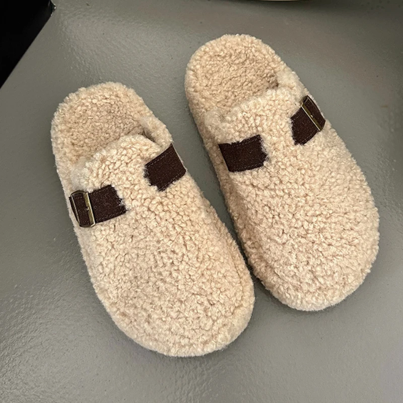 2024 Women Fashion Platform Fur Slippers Winter Non Slip Warm Plush Fluffy Slides Solid Closed Toe Indoor English Style Casual