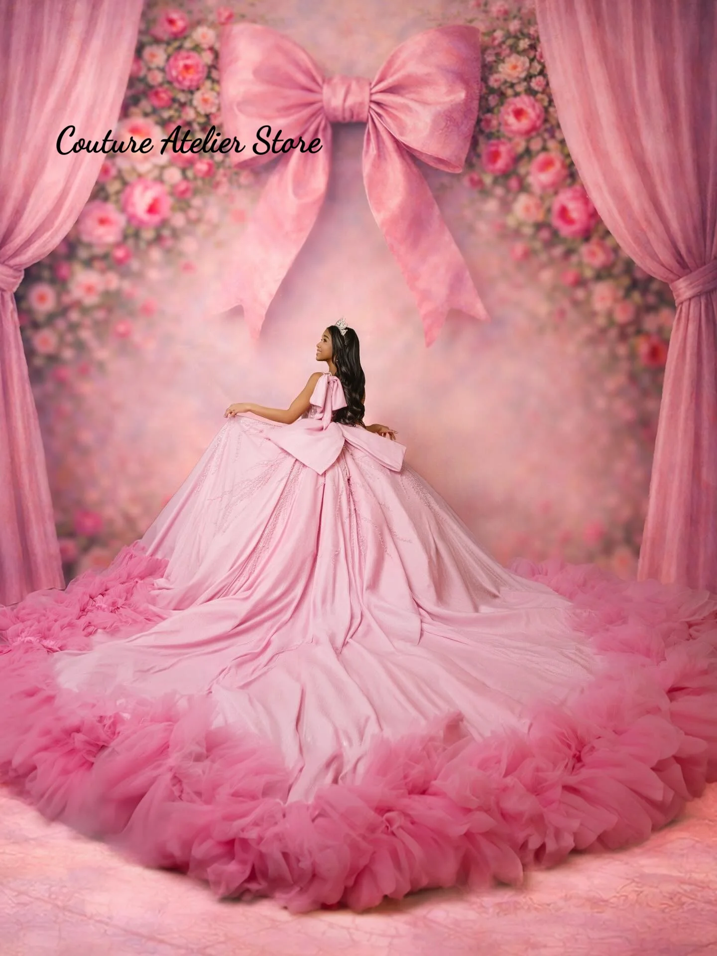

Gorgeous Light Pink Quinceanera Dresses Sequined Bow Off the Shoulder Ruched Floor Length Draped Vestidos De 15 Customized