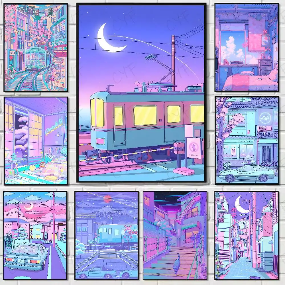 Neon City Street Vaporwave 80er Jahre Poster 	   Hochwertige Wandkunst für Zuhause, Büro, Schlafzimmer, Wohnzimmer, Flur, Bar, perfektes Geschenk