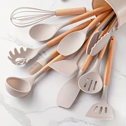 12pcs Set of Multi-color Silicone Wooden Handle Kitchenware Set Non Stick Pot Spatula and Spoon Cooking Utensils, Heat-resistant