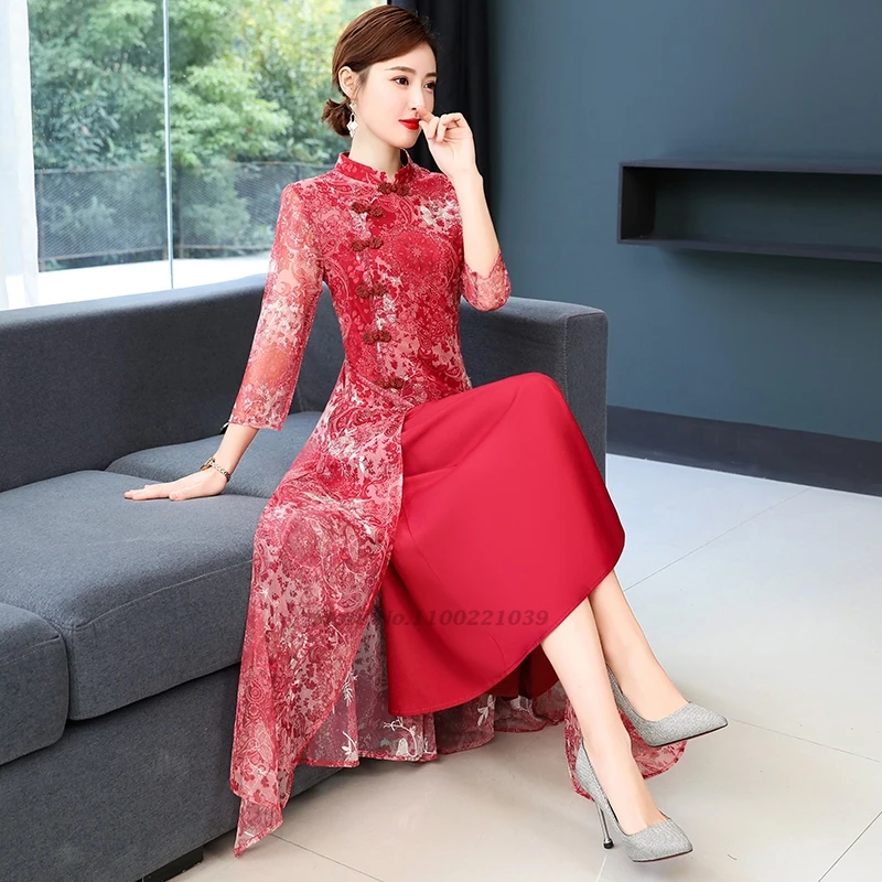 2026 chinese vintage dress improved cheongsam women traditional flower mesh qipao dress oriental banquet evening dress vestido