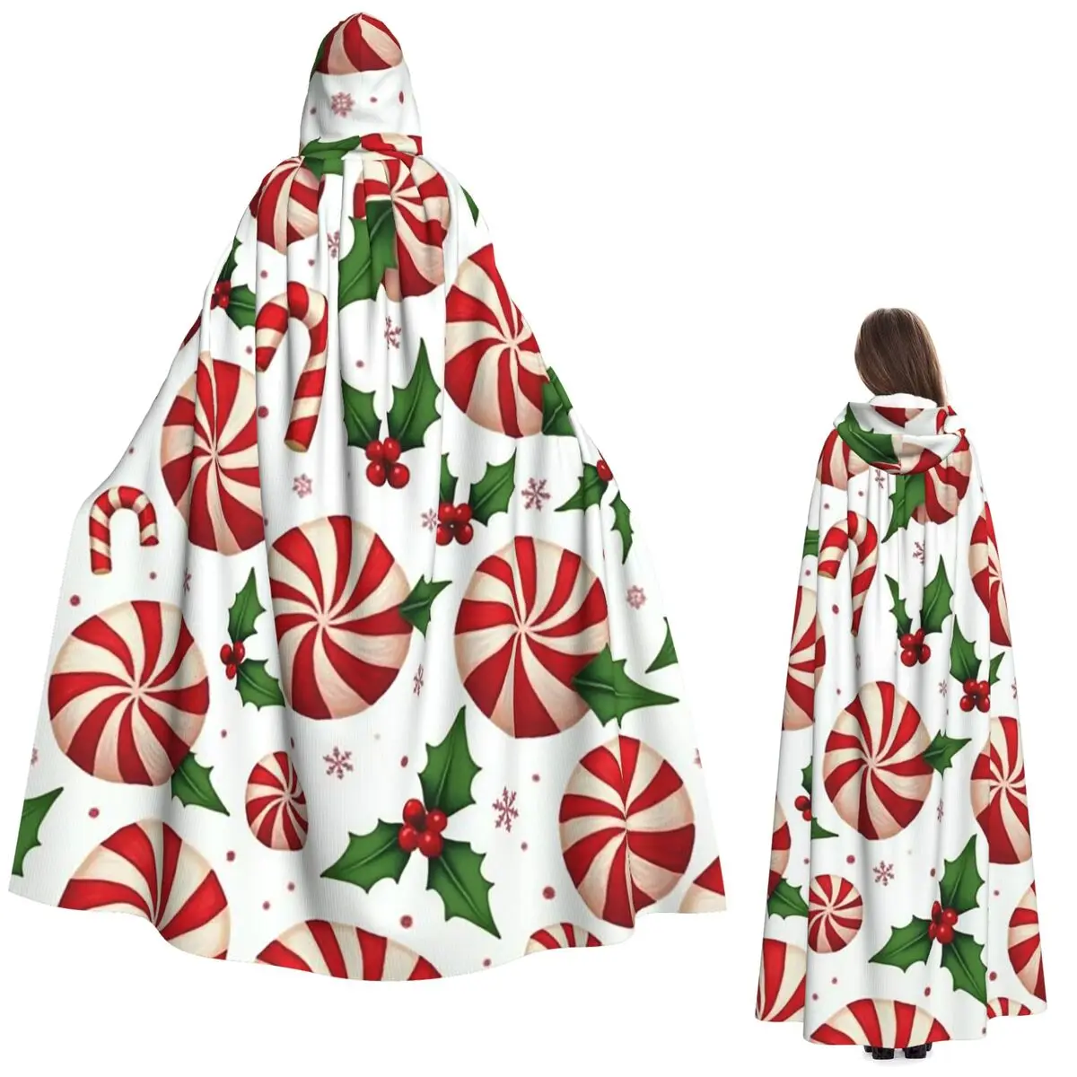 Peppermint Candy Swirl Pattern Long Hooded Cloak Witch Medieval Costume Cosplay Cape HalloweenVampire Adult