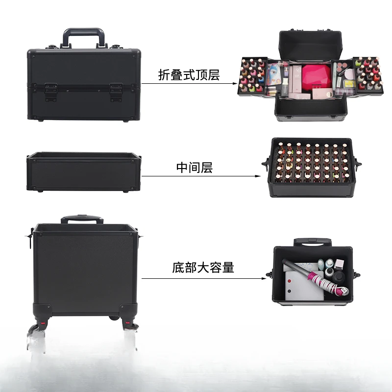 Makeup box with large capacity, pull rod, portable, pattern embroidery, nail beauty, eyelash lock, aluminum alloy bride heel