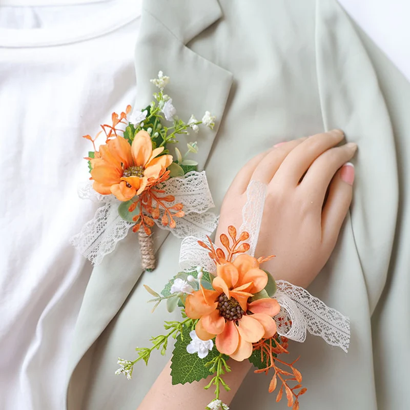 

25027 Daisy Bohemian Rose Flower Corsage & Wristlet Set - Perfect for Brides, Groomsmen, and Wedding Decorations
