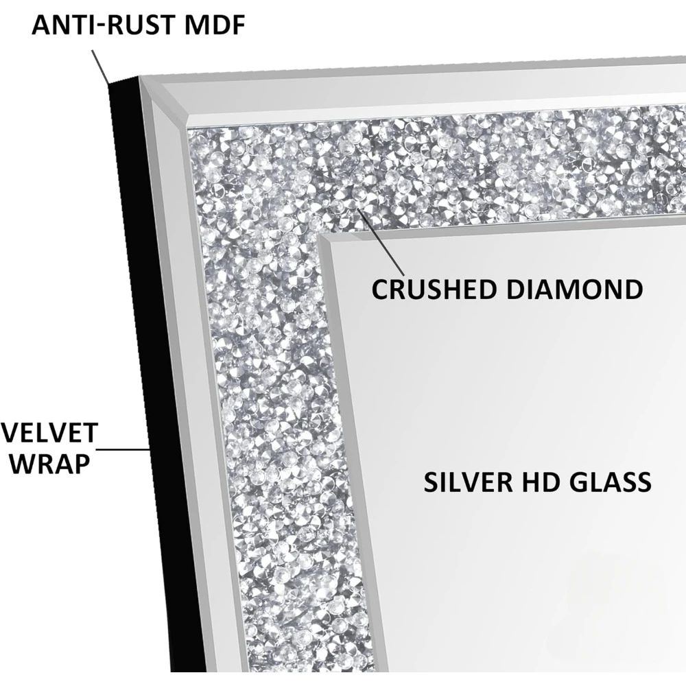 مرآة أرضية كريستالية كاملة الطول مقاس 59 بوصة × 18 بوصة، مرآة كاملة الجسم من الألماس المطحون، مرآة فضية طويلة قائمة على الحائط للحمام