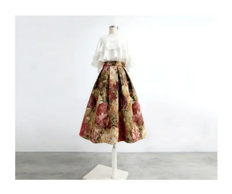 Französisch Malerei Floral Elegante Chic Hohe Taille Ballkleid Lose frauen Rock Knielangen Lange Röcke Für Frauen Kleidung mode – Detail 4