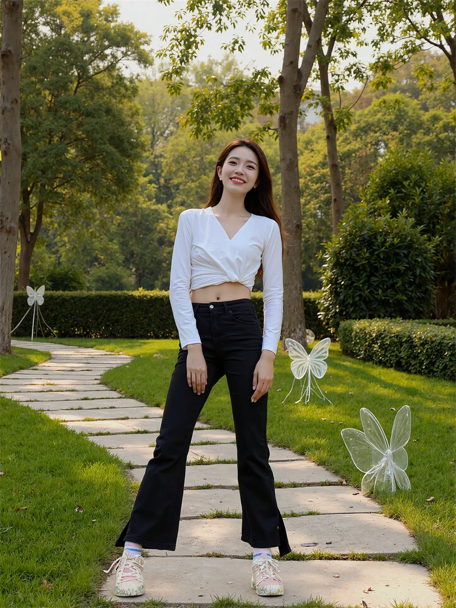 Pantalones vaqueros ajustados con dobladillo acampanado para mujer, pantalón informal, holgado, de cintura alta, a la moda, color negro cielo, ropa de calle cómoda para verano