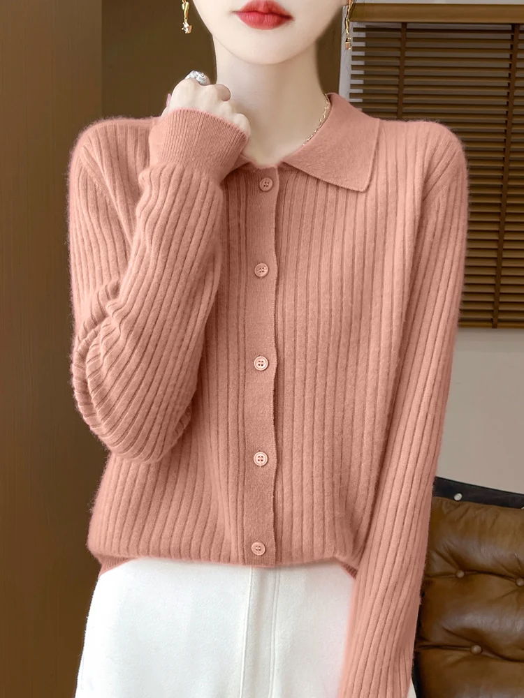 Autumn Winter Women New 100% Merino Wool Sweater Cashmere Polo Collar Cardigan Vertical Stripes Knitwear Bottoming Clothing Tops