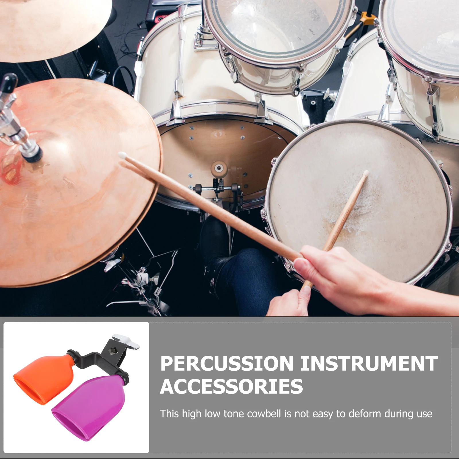 

Percussion Instrument Accessory High Low Tone Cowbell Set 2 Colors Iron Bracket Clear Sound Drum Kit Attachment