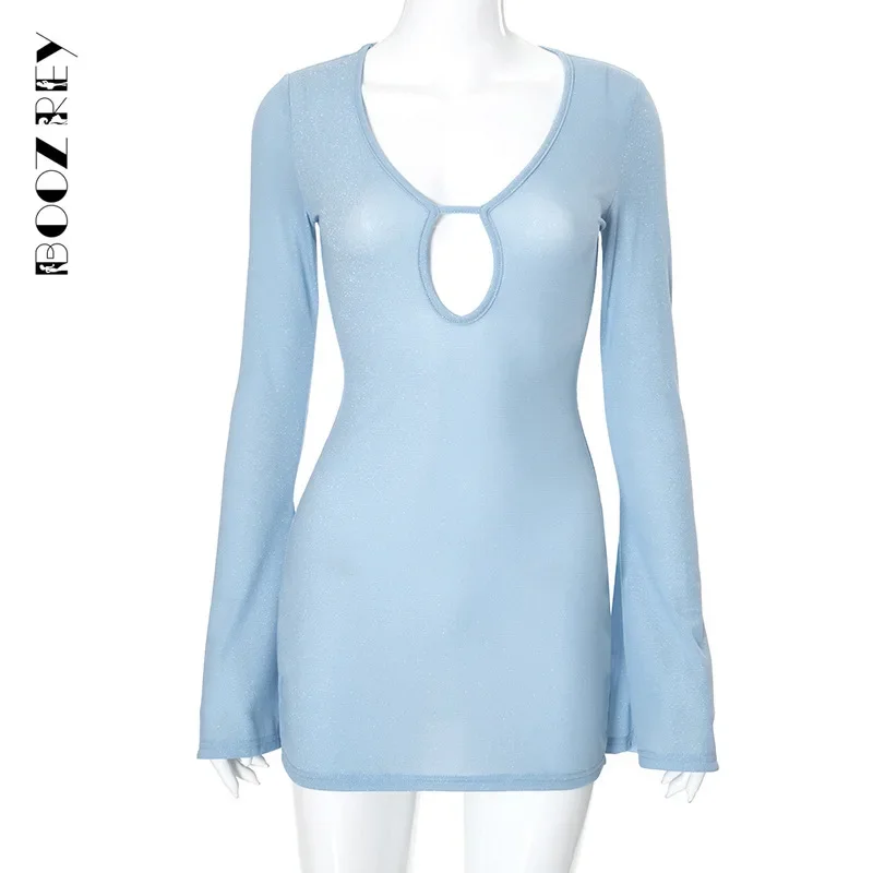 BoozRey-فستان نسائي طويل الأكمام مجوف ، فساتين سترة صغيرة ، قطع منخفض ، مثير ، نادي ، حفلة ، سهرة ، خريف