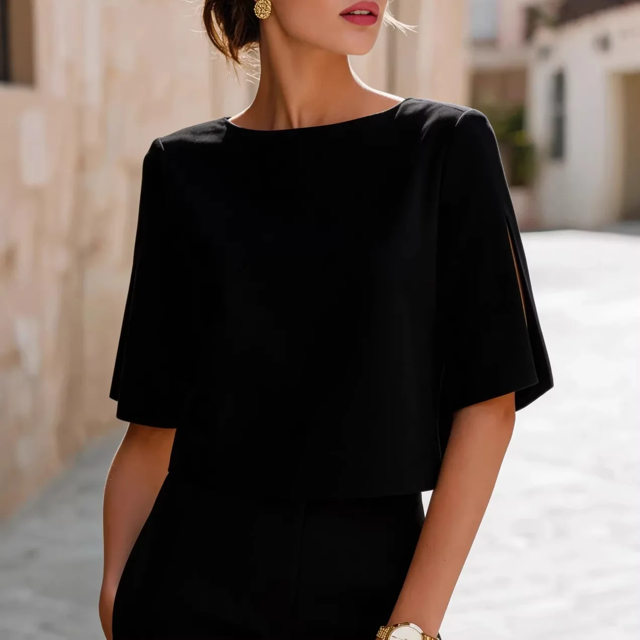 

Boat Neck Split Sleeve Structured Blouse Elegant Formal Top Sophisticated Office Wear Modern Design Chic Lady Fashion Style