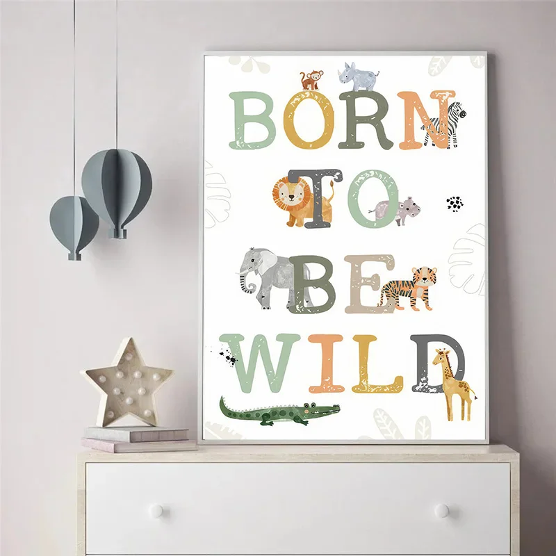 Baby Name Customized Poster Jungle Animals Lion Zebra Elephant Canvas Painting Kis Bedroom Wall Art Print Pictures Nursery Decor