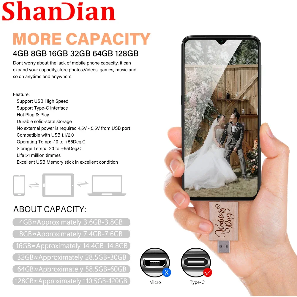 SHANDIAN-Unidade Flash de Madeira, Flash Drive, Bordo, USB 2.0, Disco U de Madeira, Pendrive, Logotipo Personalizado Grátis, Memory Stick, 8GB, 16GB, 32GB, 64GB, novo, OTG