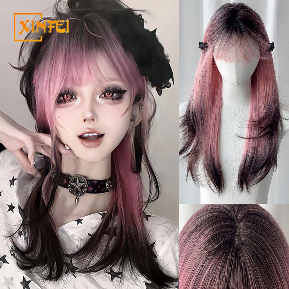 

XINFEI черный розовый Ombre синтетические парики для косплея длинные многослойные парики с челкой для женщин термостойкие искусственные волосы