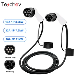 Teschev Mode 3 Portable EV Charging Cable 16A/32A Electric Car Charger 3.6KW/7.2kW/11kW EVSE Kit EV Cable Type 2 to Type 2 Cord