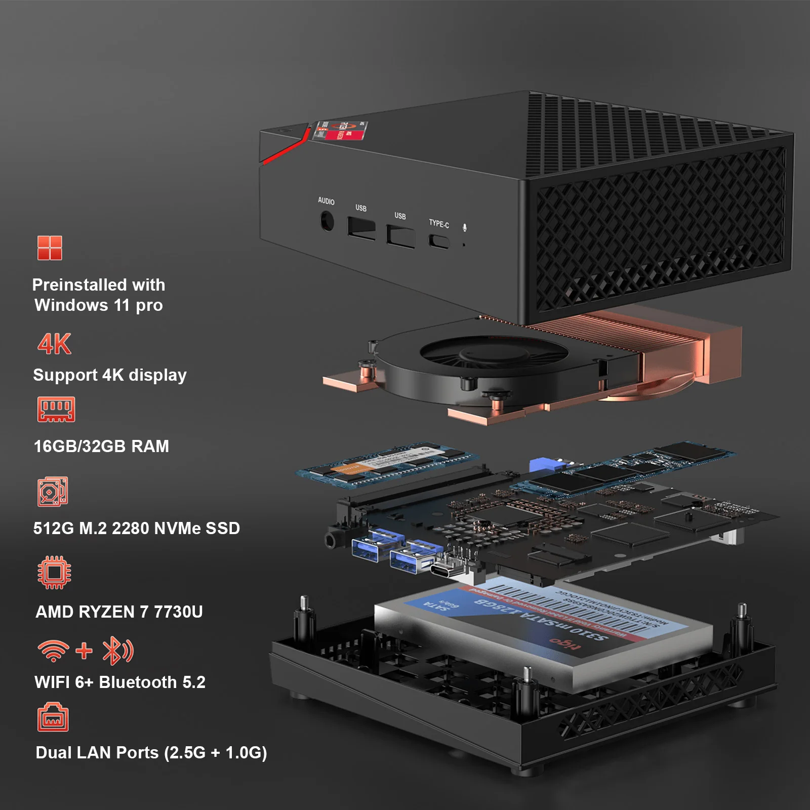 카므루이 미니 PC R7 7730U 듀얼 채널 32GB DDR4 512GB SSD 윈도우11 프로 WiFi6 BT5.2 트리플 4K 디스플레이 데스크탑 컴퓨터 (사무실/가정용) 썸네일 2