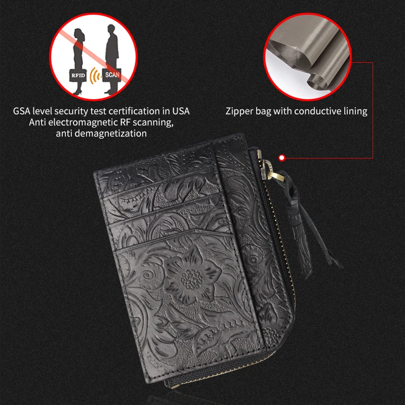 Vintage Genuine Leather Men's Card Wallet Anti-NFC Handmade Credit Card Slot Coin Purse Zipper Portable Male Small Wallet