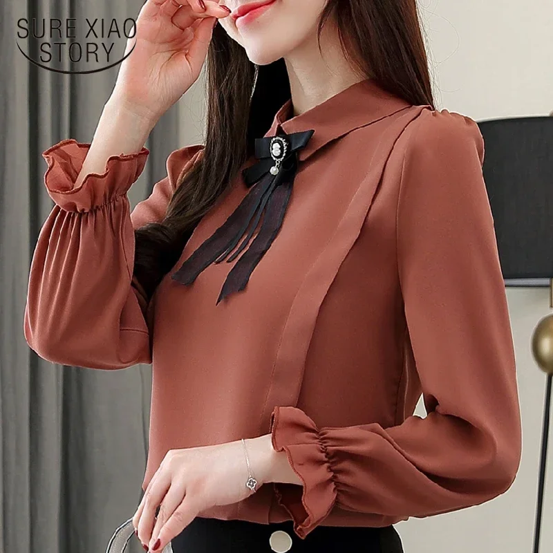 Chiffon women blouses shirts  blusas mujer de moda 2019 office lady blouse flare long sleeve feminine clothes 1746 50