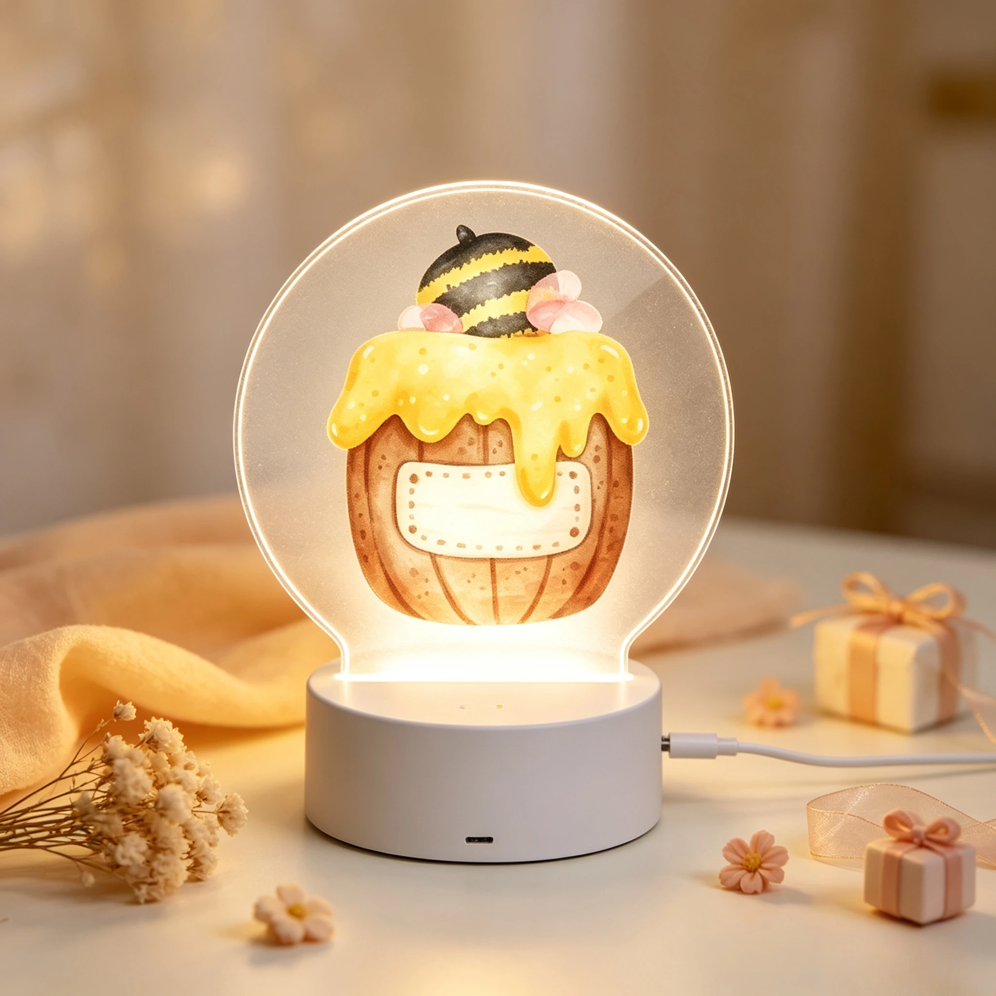 Custom Name LED Acrylic Night Light, Watercolor Honey Barrel Bee Pattern USB Lamp Kids Bedroom Birthday Gift