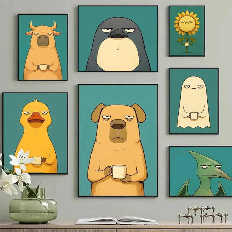 Grumpy Sunflower Animals Cartoo Posters Dog Coffee Ghost Modern Prints Canvas Painting Wall Art Pictures Home Living Room Decor