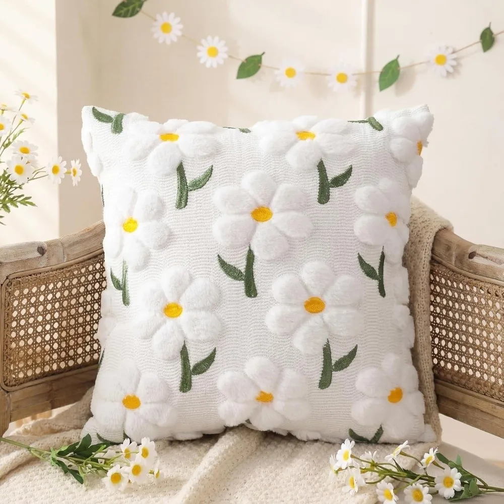 New Embroidery Daisy Spring Pillow Covers Soft Square Faux Fur Pillow Covers 18 x 18 Inch Pillow Cases Home Sofa Decor