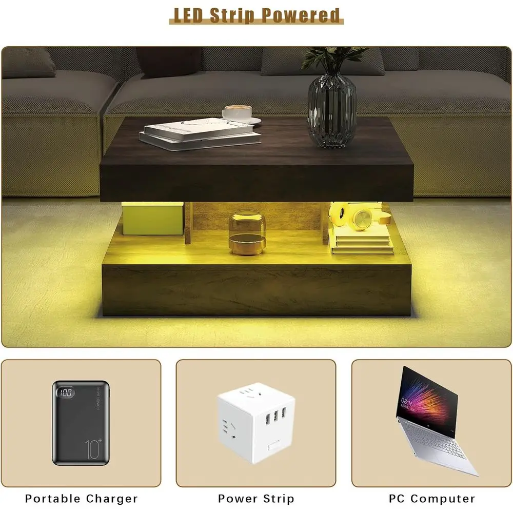 Rustic Modern 2-Tier Square Coffee Table with Storage for Living Room & Dining Area