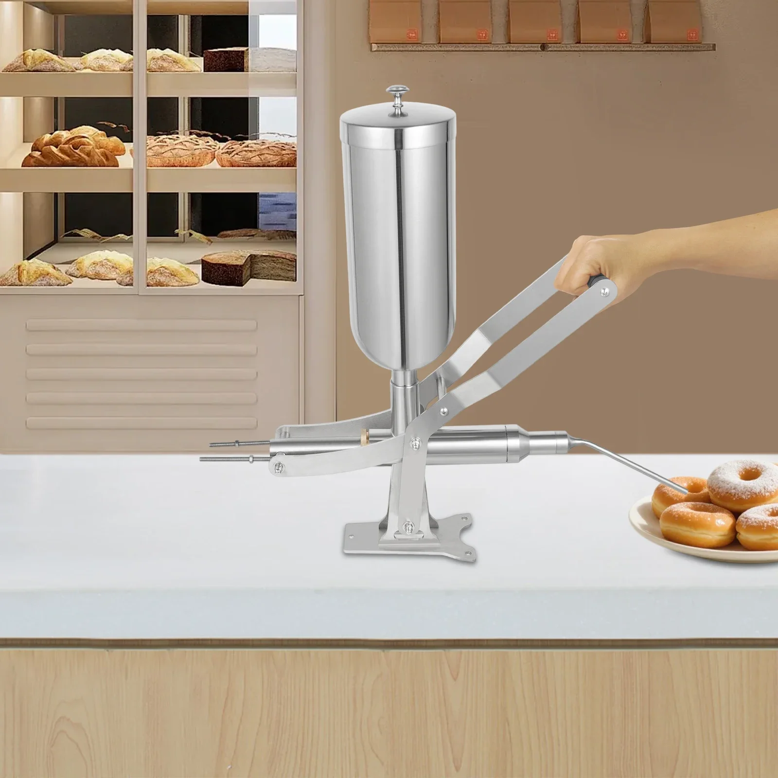 Plug & Pull Manual Donut Filler 5.28QT Stainless Steel with 4 Pipes for Fast Easy Donut Filling