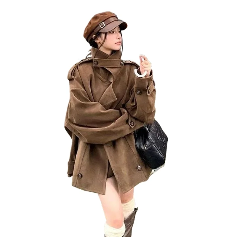 Brown Fashion Design Sense Standing Collar Suede Small Coat for Women  Solid Color Autumn New Korean Retro Loose Casual Coat