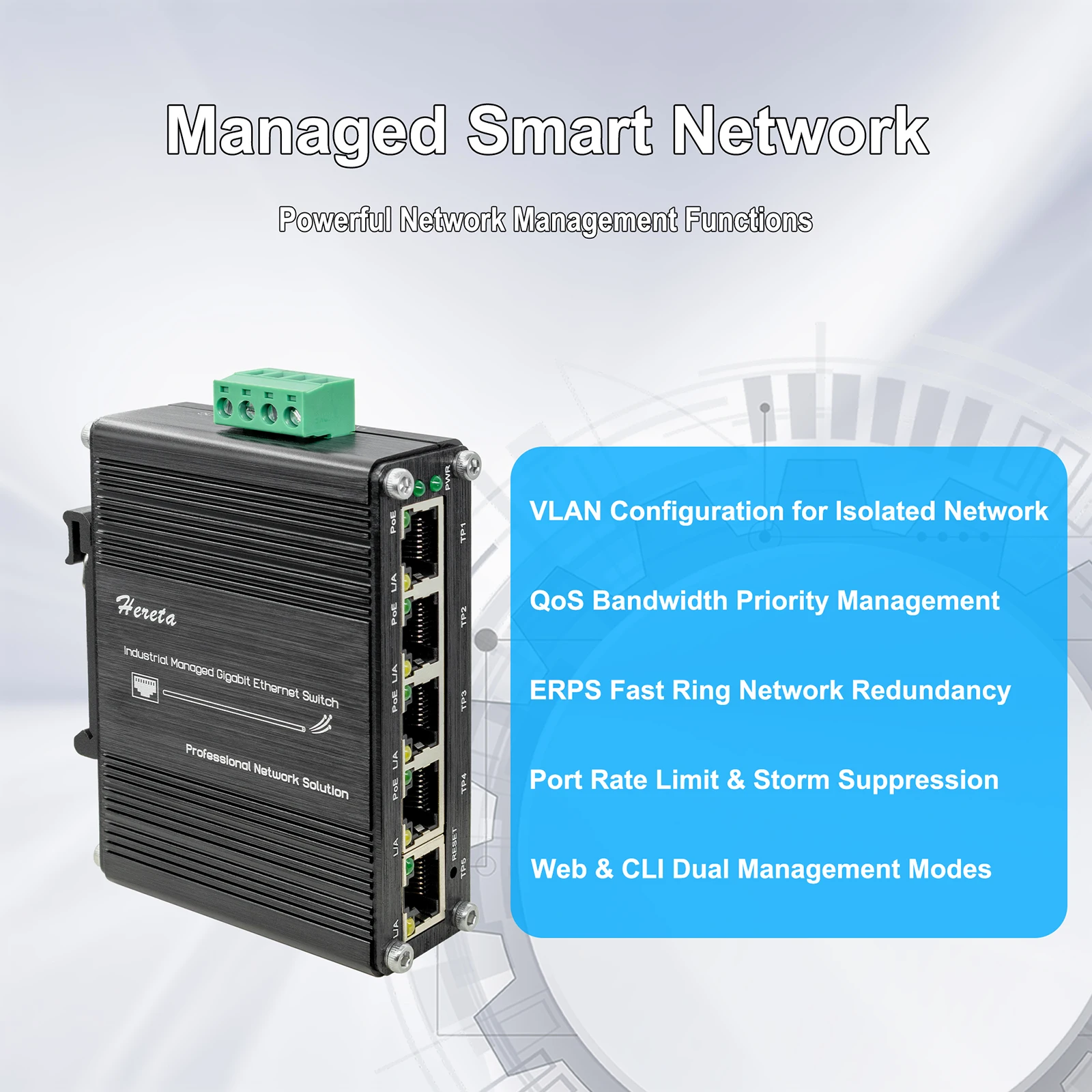 Mini Industrial Managed Gigabit 5 Port PoE Switch 10/100/1000Mbps 802.3at Network Switch DIN Rail Mount