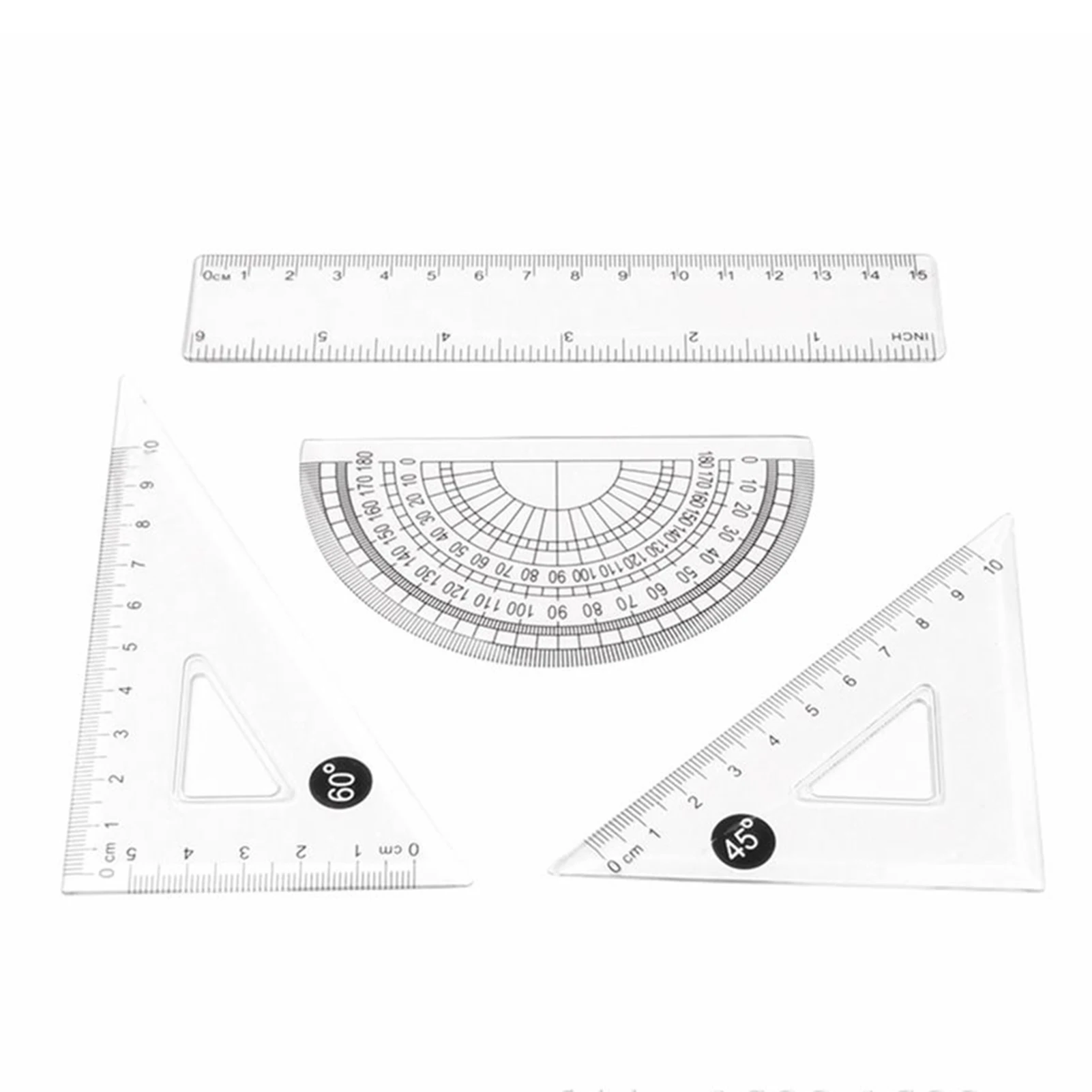 4PCS Clear Plastic Math Geometry Tool Ruler Set Includes 6-Inch Straight Ruler & Triangle Ruler & Protractor for Office School