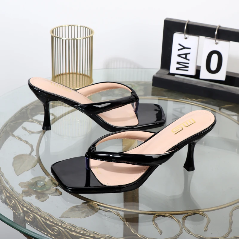 High-heeled flip flops women\'s shoes in summer 2024 patent leather ladies sandals wild black slippers luxury high heeles