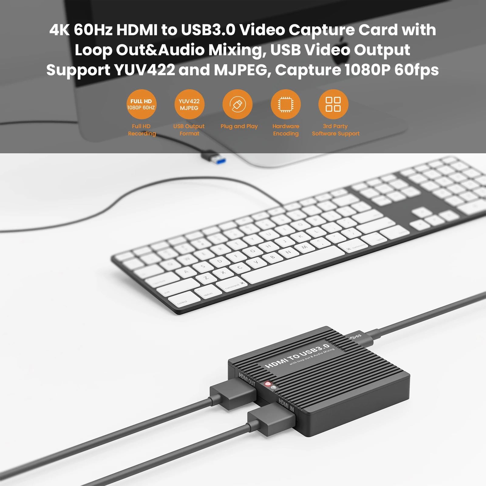 LCC380 4K 60Hz HDMI to UAC UVC USB3.0 Capture Loop Out&Audio Mixing,HDMI Pass-through,1080P60 Recording,YUV422&MJPEG,Mic+Speaker