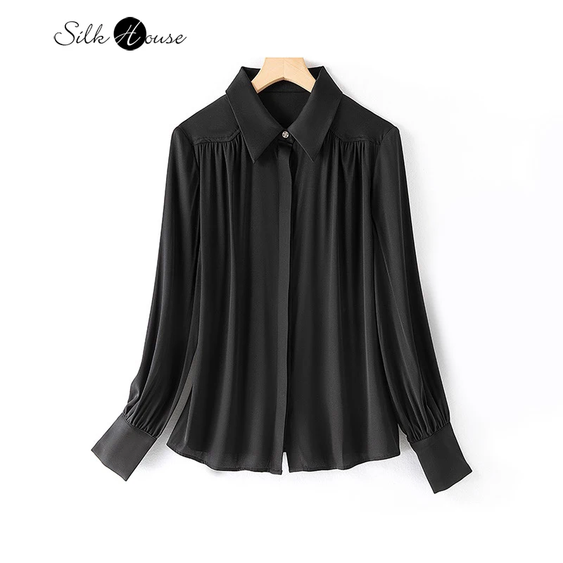 High End Heavyweight Silk Shirt Women's Long Sleeve 2023 New Fashion Solid Color Polo Neck Natural Mulberry Silk Top