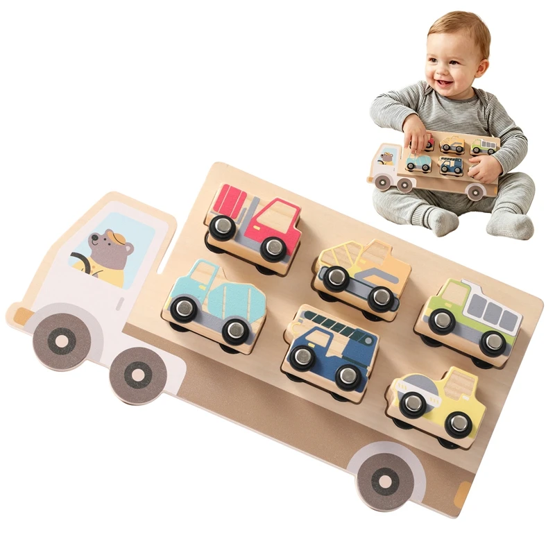 0-3 Years Car Toys Wooden Construction Truck Toy Set Montessori Shape Matching Puzzle with 6pcs Engineering Vehicles Educational