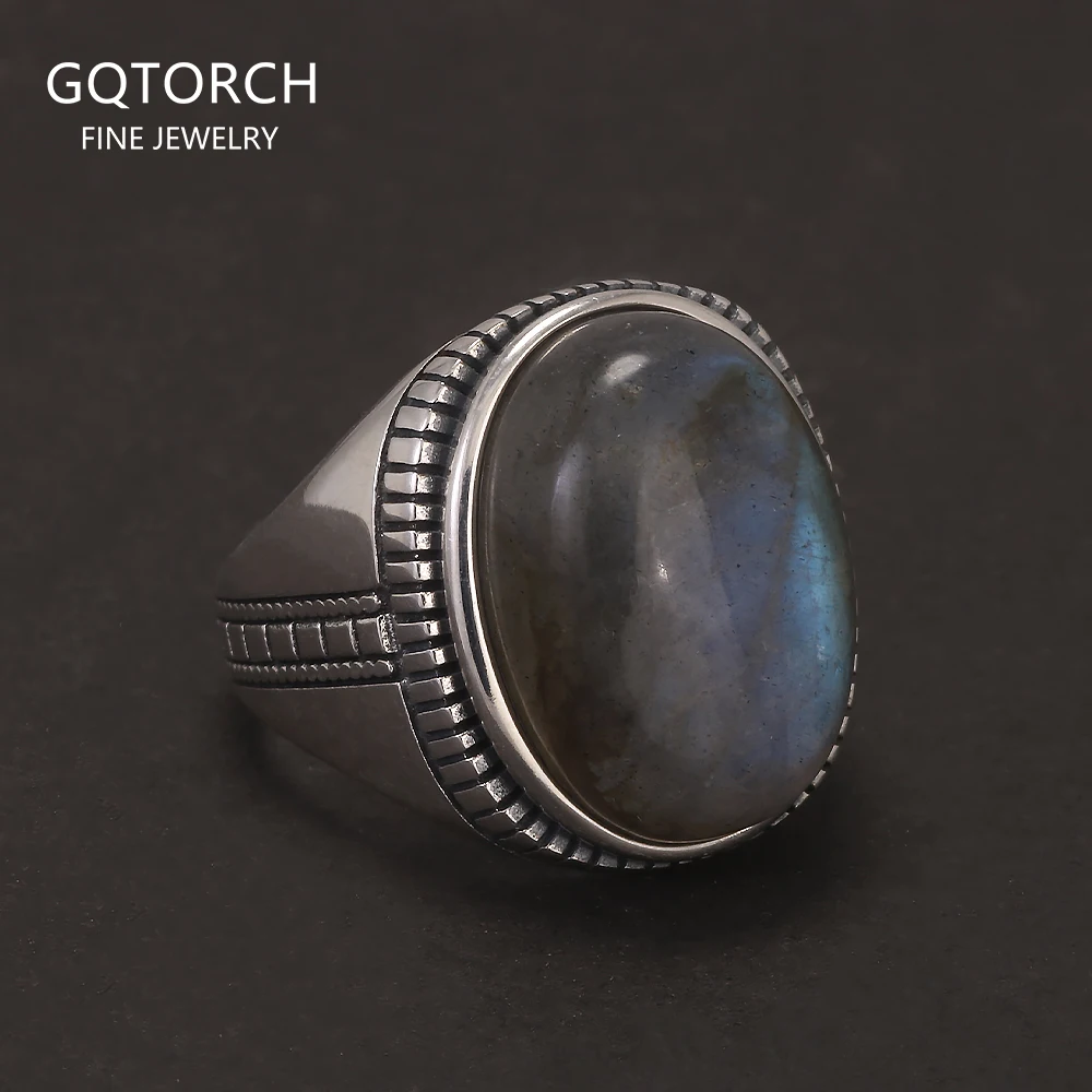 

925 Sterling Silver Men's Turkish Ring Oval Labradorite Original Agate Natural Stone Signet Rings Stripe Simple Vintage Jewelry